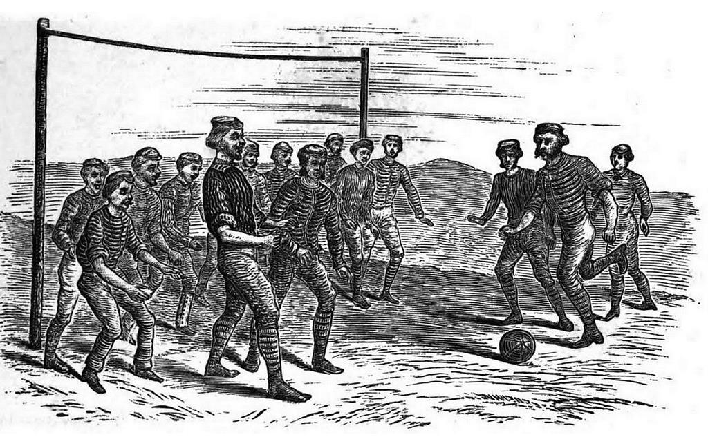 Illustration eines Spiels in der Frühzeit des modernen Fußballs von C. W. Alcock (1874)