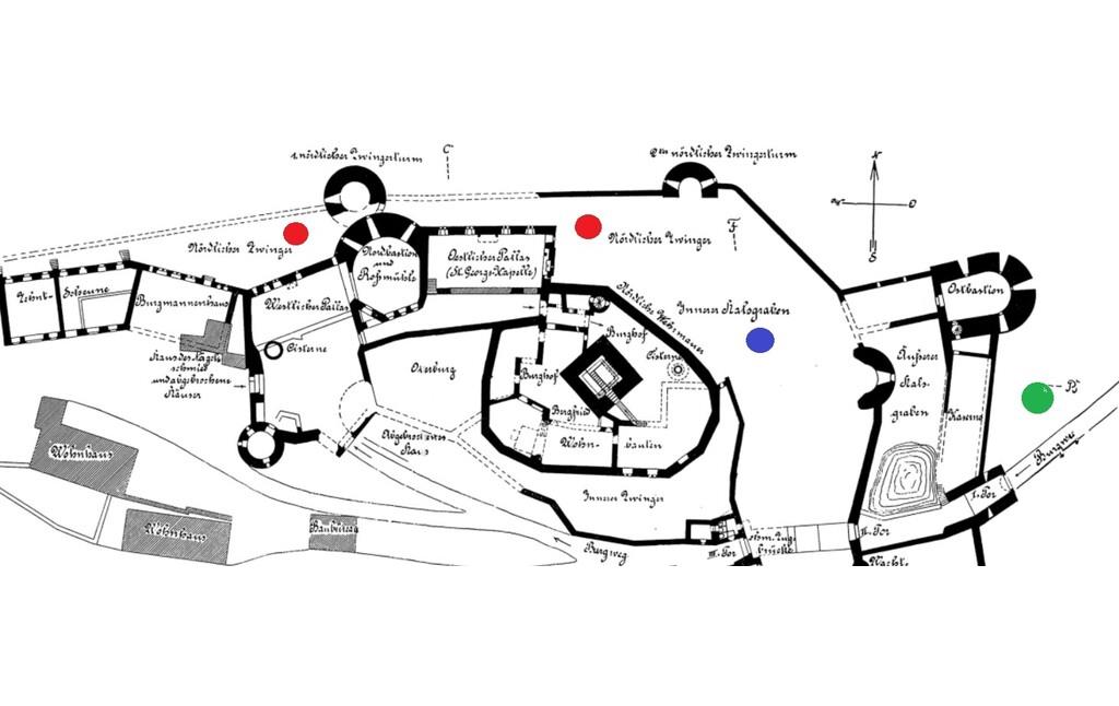 Ausschnitt aus dem Plan der Burg Lichtenberg bei Kusel aus der Veröffentlich des Regierungs- und Baurats von Behr aus dem Jahre 1911 mit nördlichem Zwinger und innerem Halsgraben