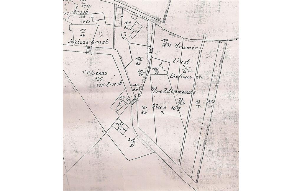 Handzeichnung von 1904 zum Areal des späteren Krönerschen Grundstücks mit Nennung der Besitzer "Kramer Ernst Ehefrau" und "Boeddinghaus Max Ww." (Stadtarchiv Erkrath).