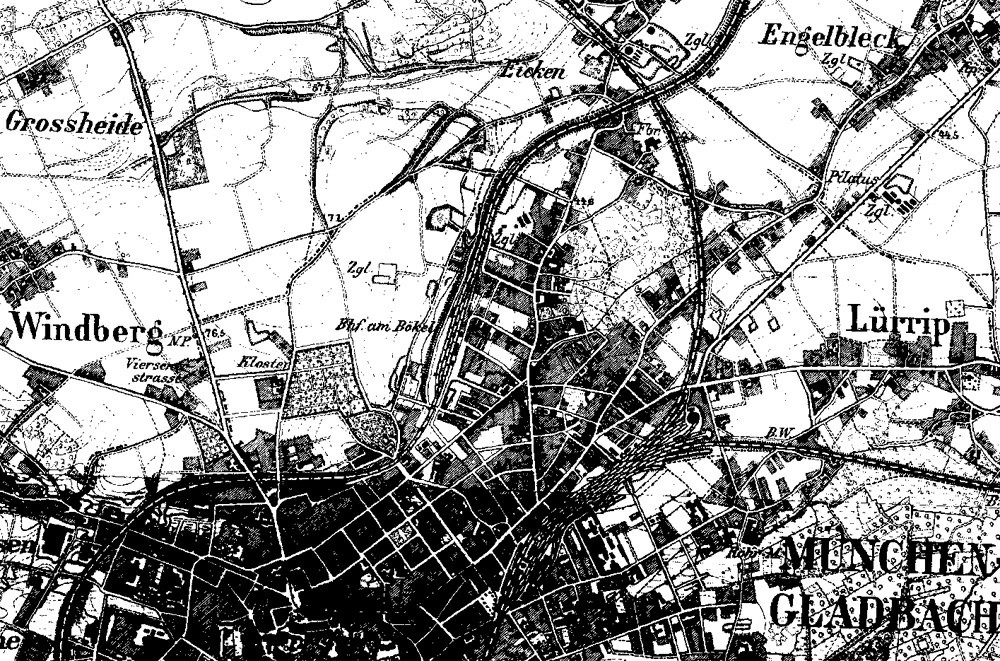 Das Gelände am Bökelberg nördlich von Mönchengladbach auf der Karte der Preußischen Neuaufnahme von 1891-1912.