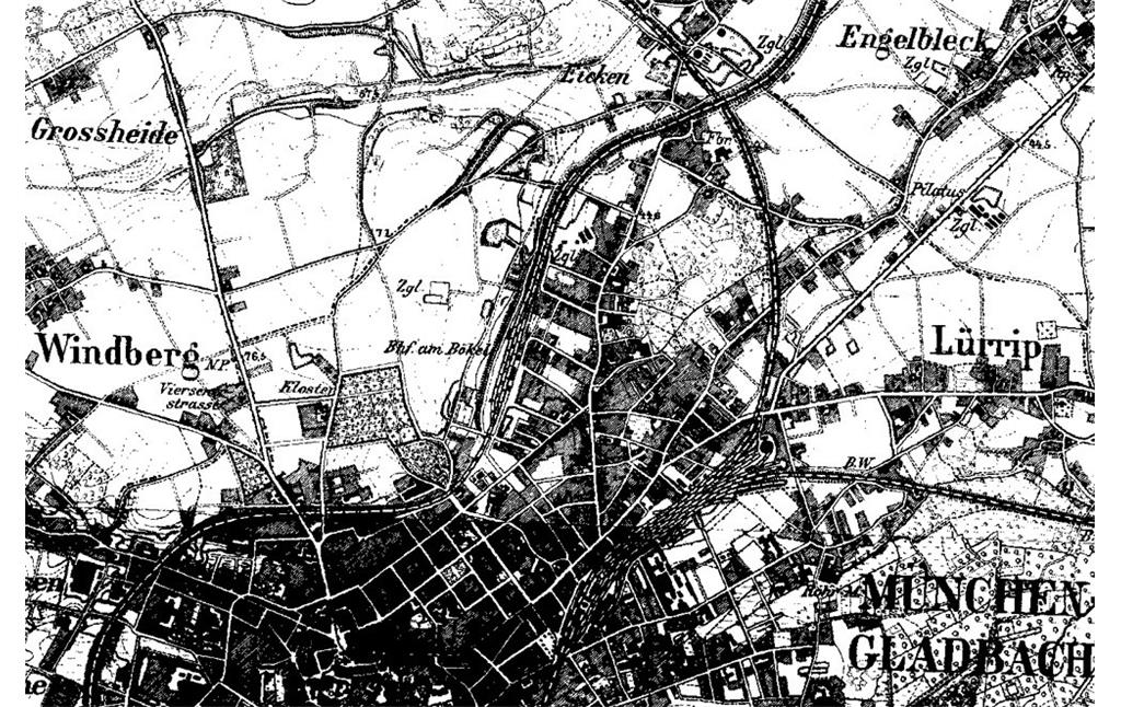 Das Gelände am Bökelberg nördlich von Mönchengladbach auf der Karte der Preußischen Neuaufnahme von 1891-1912.