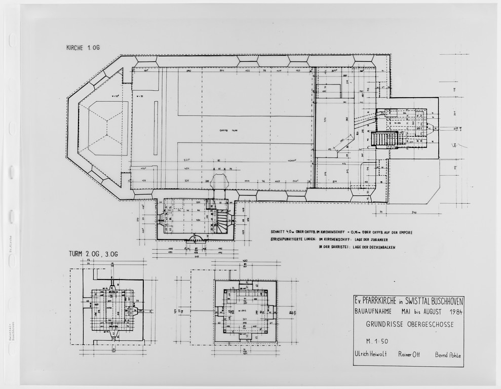 Plan der evangelischen Versöhnungskirche der Bauaufnahme Mai bis August 1984, Grundrisse Obergeschosse