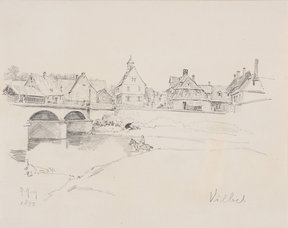 Blick auf Altstadt/Rathaus Bad Vilbel, Bleistiftzeichnung von Rudolf Koch (1898)