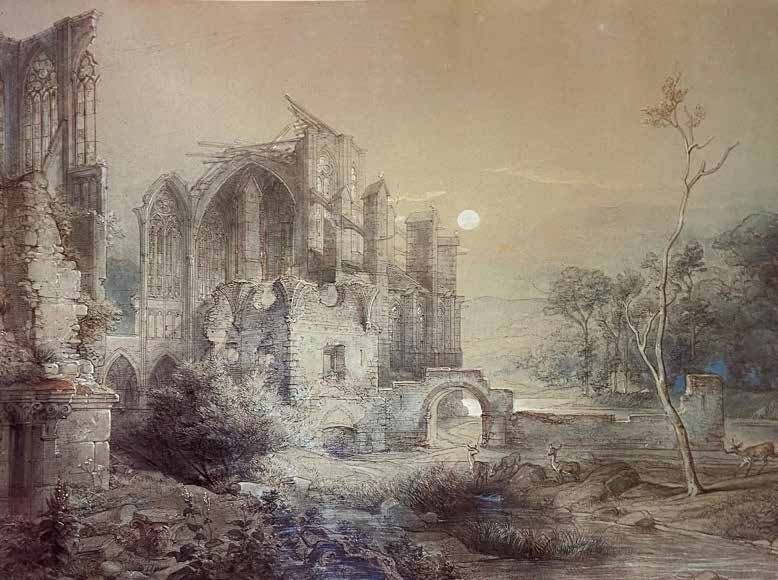 Die Ruine des Altenberger Doms von Südwesten bei Mondschein, Aquarell von Caspar Scheuren, 1878, heute im Kunstpalast Düsseldorf.