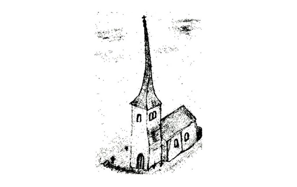 Zeichnung der Kirche St. Pankratius in Kaisersesch mit dem "Schiefen Turm", möglicherweise aus dem frühen 16. Jahrhundert.