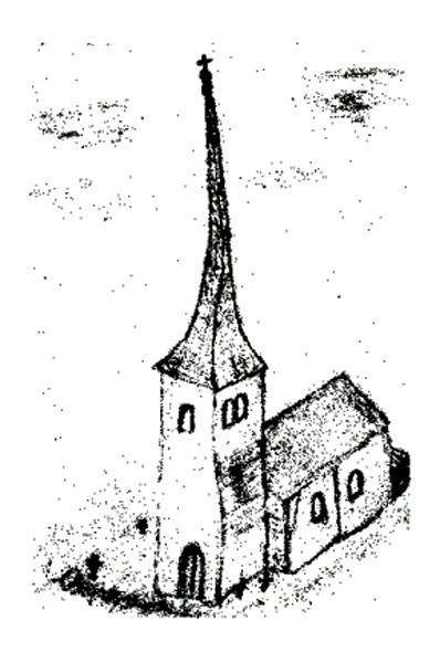 Zeichnung der Kirche St. Pankratius in Kaisersesch mit dem "Schiefen Turm", möglicherweise aus dem frühen 16. Jahrhundert.