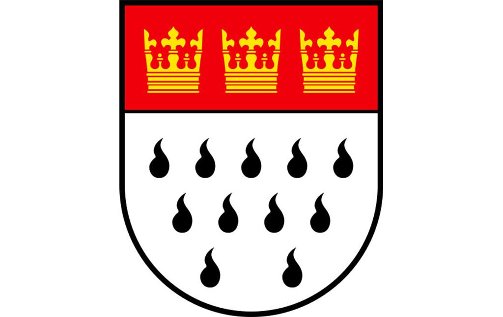 Das kleine Kölner Stadtwappen: Schild mit drei Kronen und elf schwarze Hermelinschwänze.