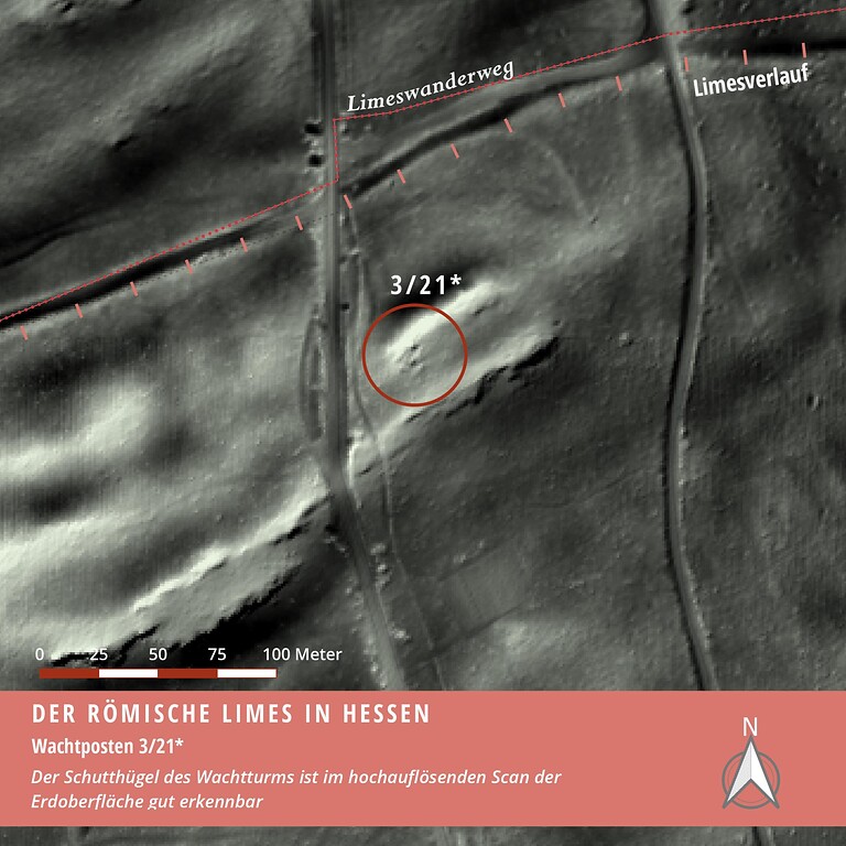 Limeswachtturm Wp 3/21* bei Idstein-Eschenhahn - im Laserscan der Erdoberfläche (ATKIS® DGM) sind Reste des Wachtpostens erkennbar.