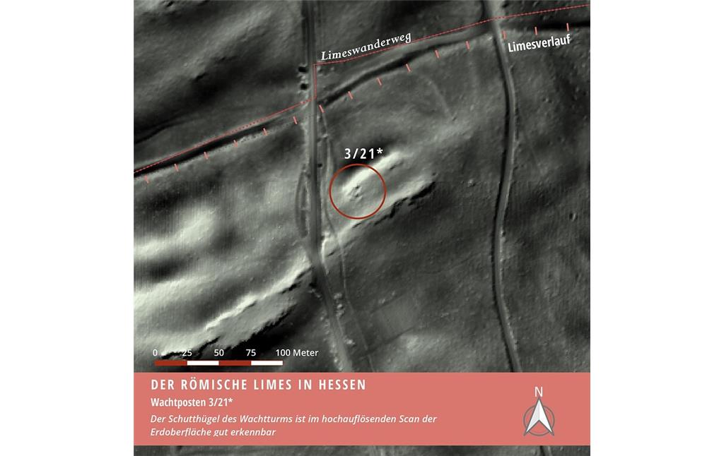 Limeswachtturm Wp 3/21* bei Idstein-Eschenhahn - im Laserscan der Erdoberfläche (ATKIS® DGM) sind Reste des Wachtpostens erkennbar.