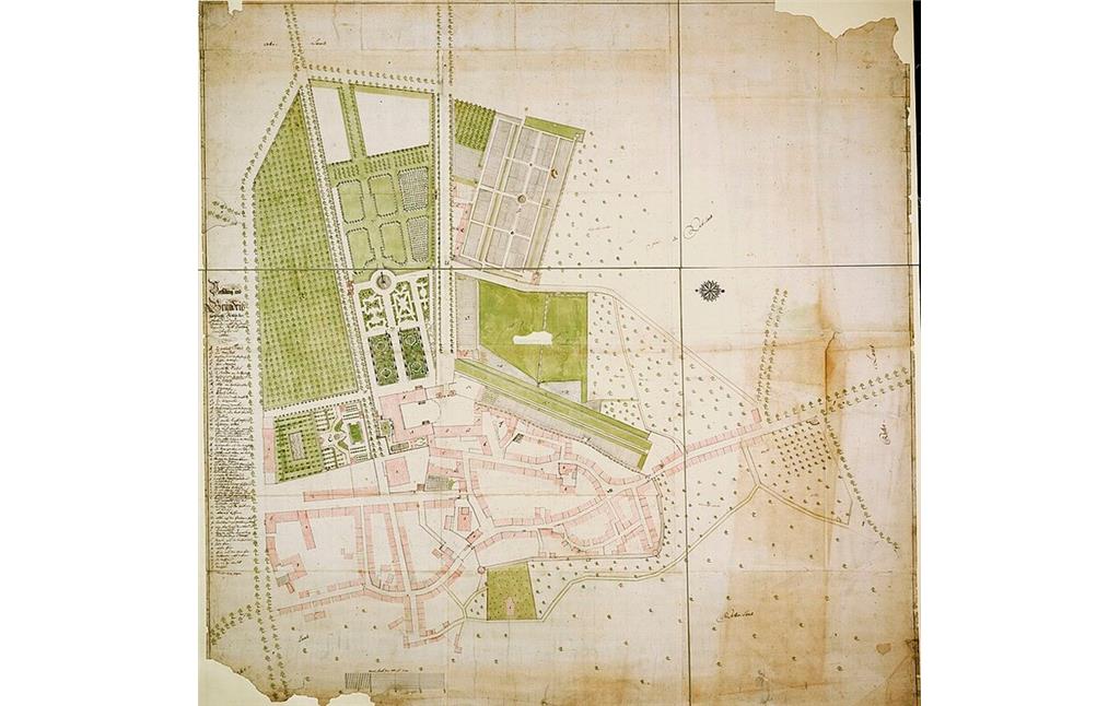 Lageplan und Grundriss des fürstlichen Schlosses in Kirchheim, mit zugehörigen Gärten und Gebäuden (1759)