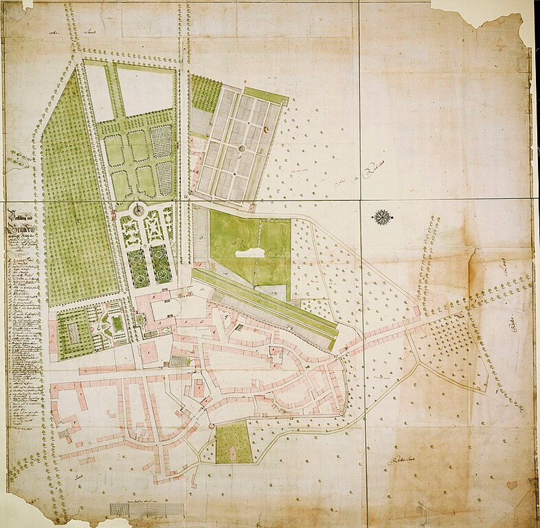 Lageplan und Grundriss des fürstlichen Schlosses in Kirchheim, mit zugehörigen Gärten und Gebäuden (1759)