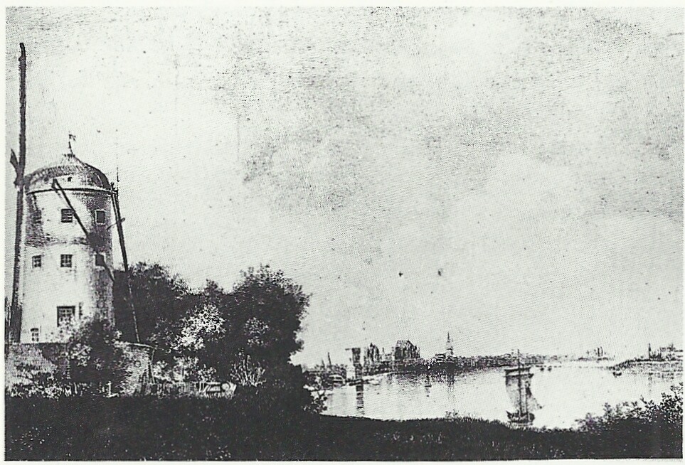 Lithographie von um 1830/40: Ansicht der Alteburger Mühle im Bereich des früheren römischen Flottenlagers am Rhein im heutigen Köln-Marienburg.