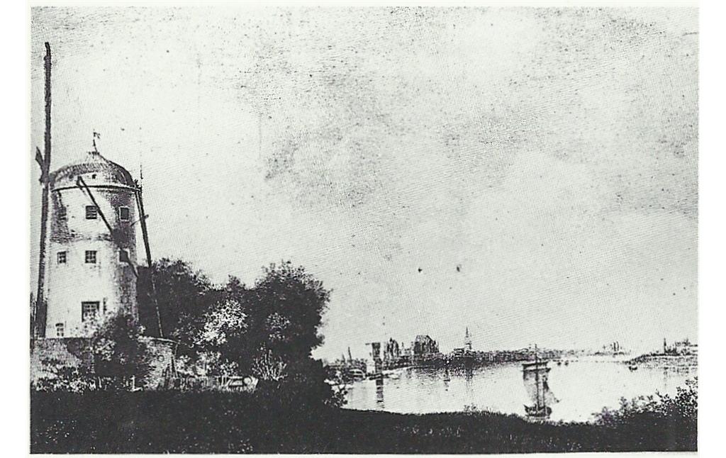 Lithographie von um 1830/40: Ansicht der Alteburger Mühle im Bereich des früheren römischen Flottenlagers am Rhein im heutigen Köln-Marienburg.