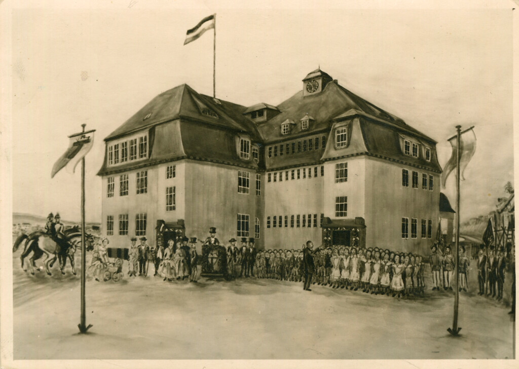 Historische Darstellung der Eröffnungsfeier der Volksschule in Lützel (1911).