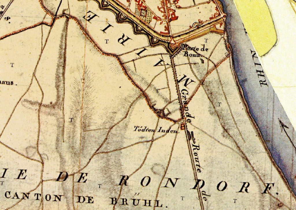 Ausschnitt der historischen Tranchot-Karte von 1807/08, mit den südlich der Stadt Köln gelegenen Bereichen an der Bonner Straße: Bonntor, Judenbüchel, Bayenthal und Raderberg.