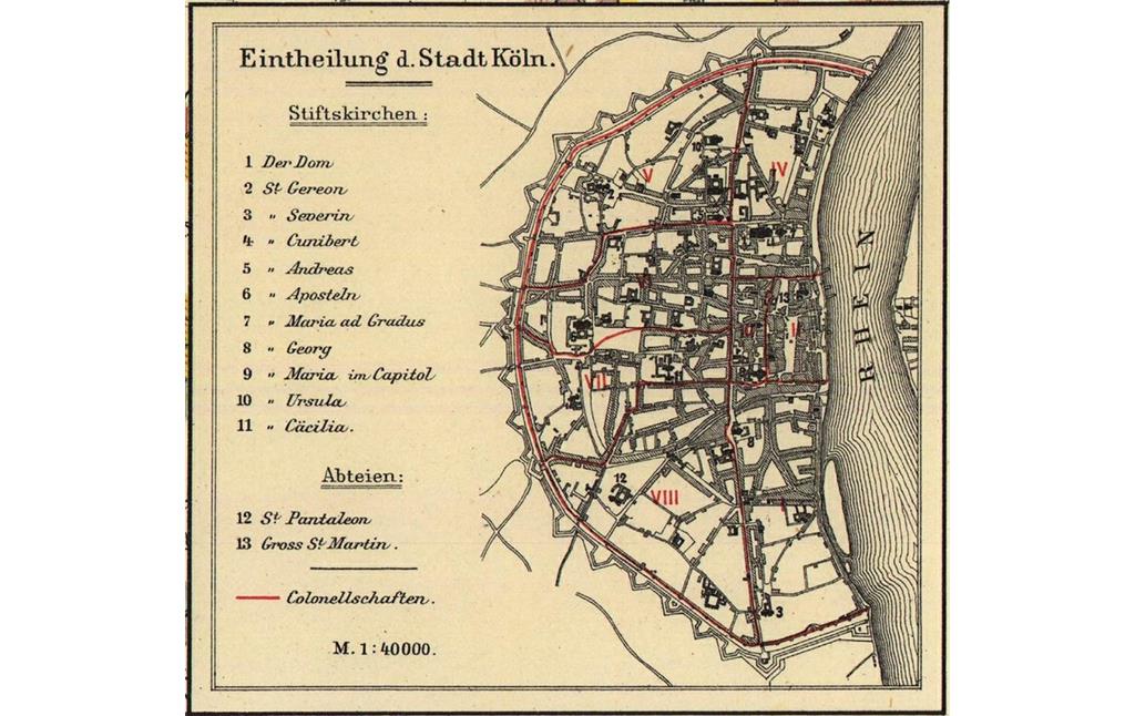 Stiftskirchen und Abteien in Köln auf der Karte "Eintheilung der der heutigen preussischen Rheinprovinz für das Jahr 1789" (1894).