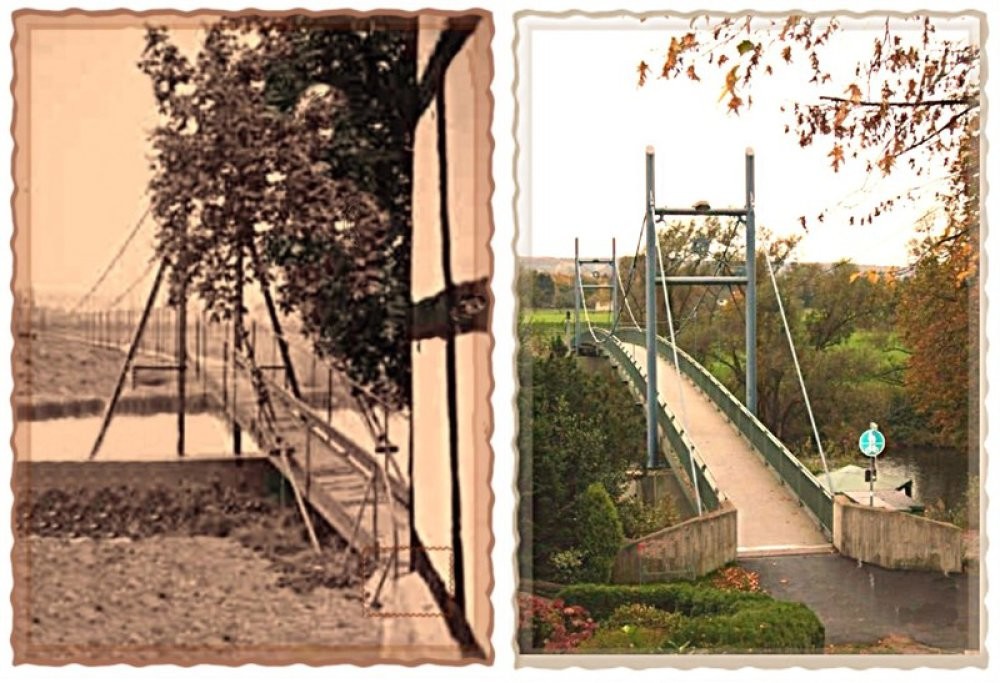 Gegenüberstellung eines historischen Fotos der Brücke an der "Sieglinde" in Holzkonstruktion (Aufnahme vermutlich aus den 1920/30er Jahren) mit einem Bild der heutigen Brücke aus Stahl und Beton.