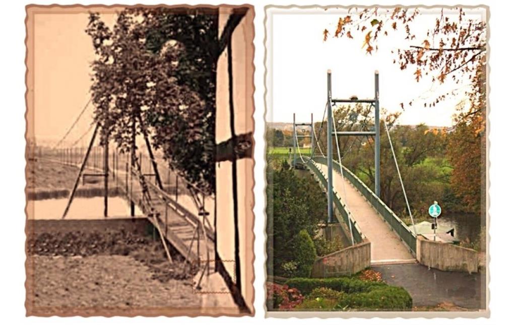 Gegenüberstellung eines historischen Fotos der Brücke an der "Sieglinde" in Holzkonstruktion (Aufnahme vermutlich aus den 1920/30er Jahren) mit einem Bild der heutigen Brücke aus Stahl und Beton.