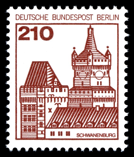 Schematische Darstellung der Schwanenburg Kleve auf einer Briefmarke der Dauermarkenserie "Burgen und Schlösser" der Deutschen Bundespost Berlin von 1979.