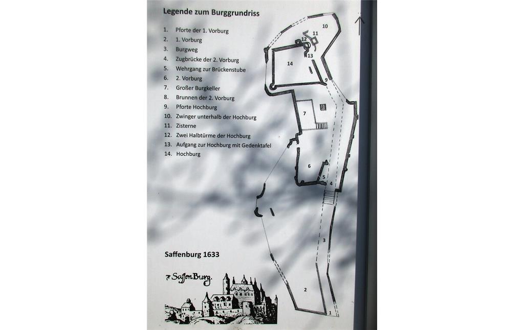 Informationstafel mit einem Grundriss der Burgruine und einer historischen Darstellung der Saffenburg von 1633 am Zugang zur heutigen Ruine (2021).