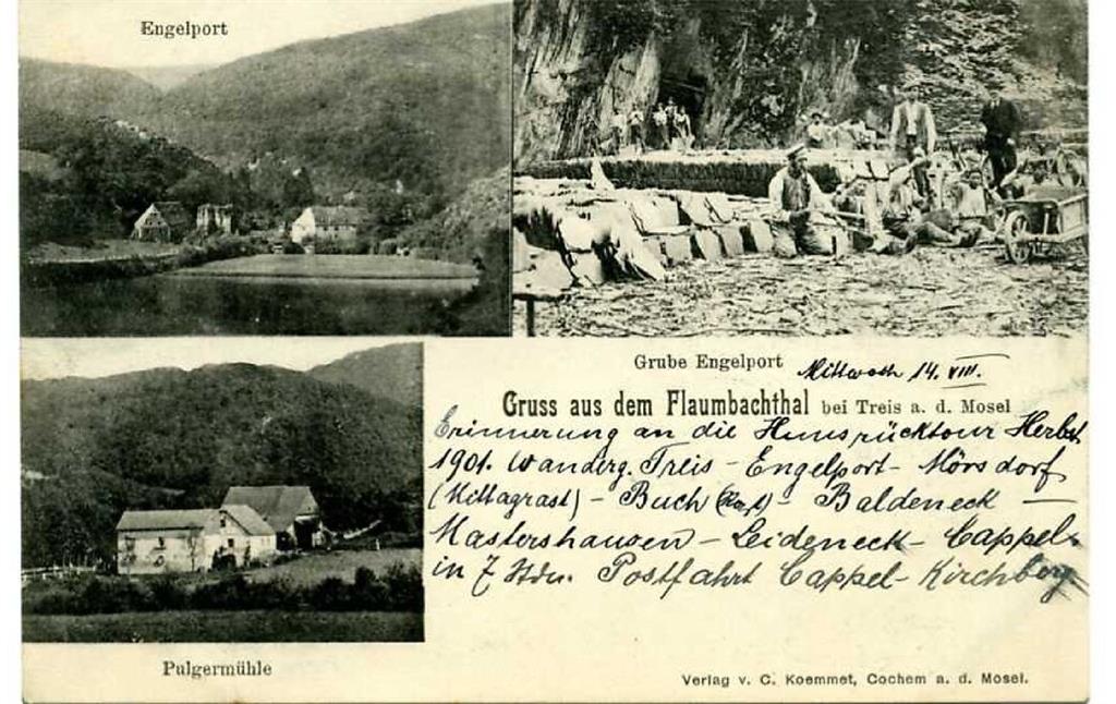 Postkarte mit den Ruinen auf dem Gelände des Klosters Maria Engelport, der Pulgermühle und der Grube Engelport bei Treis-Karden (gelaufen 1900)