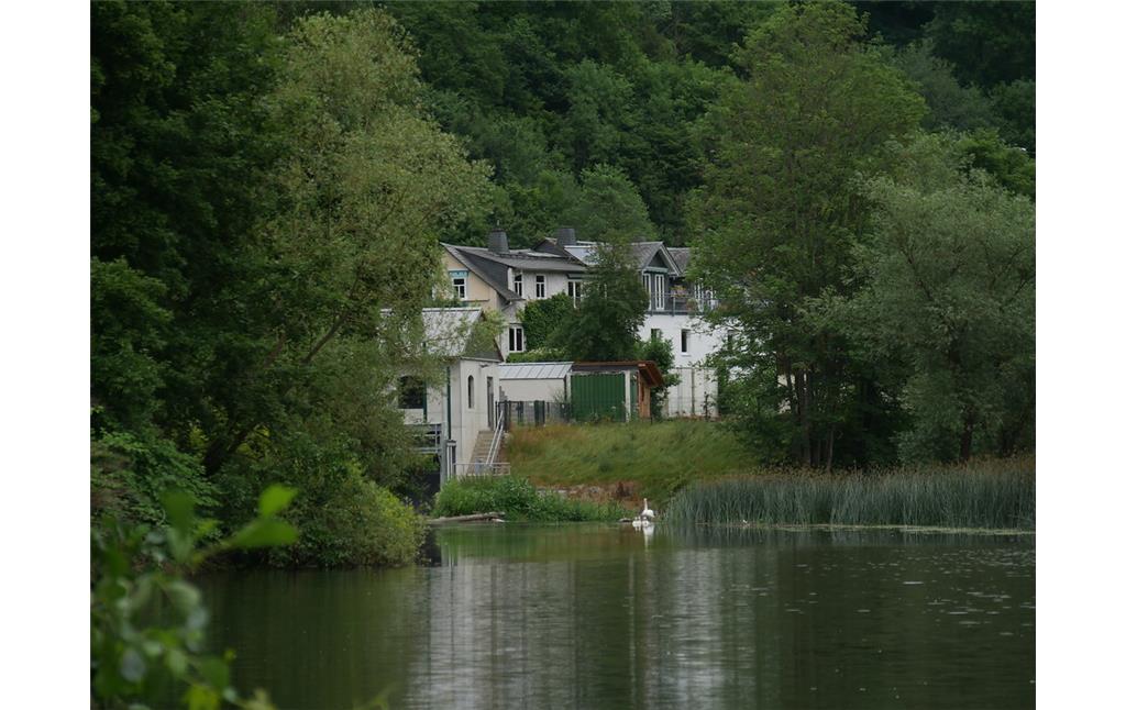 Kirchhofsmühle in Weilburg (links im Bild); entlang des Schilfstreifens im Fluss verläuft das Wehr der Mühle (2017)