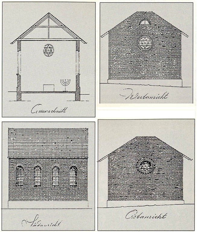 Rekonstruktionszeichnung der ehemaligen Synagoge in Mondorf, Provinzialstraße 48, von Paul Palm (um 1980).