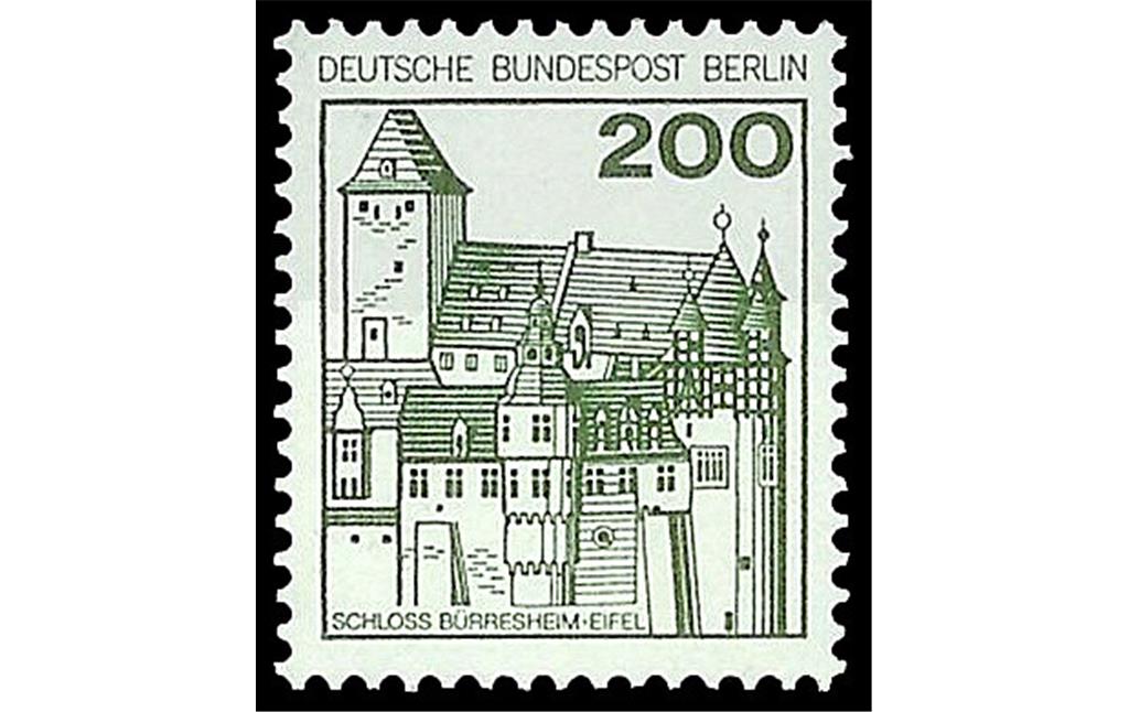 Schematische Darstellung von Schloss Bürresheim im Nettetal auf einer Briefmarke der Dauermarkenserie "Burgen und Schlösser" der Deutschen Bundespost Berlin von 1977.