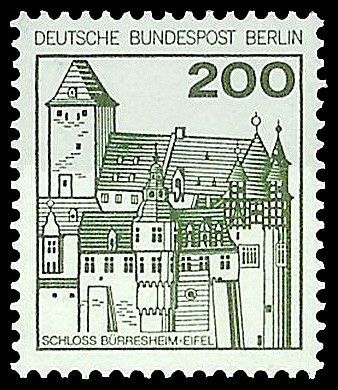 Schematische Darstellung von Schloss Bürresheim im Nettetal auf einer Briefmarke der Dauermarkenserie "Burgen und Schlösser" der Deutschen Bundespost Berlin von 1977.