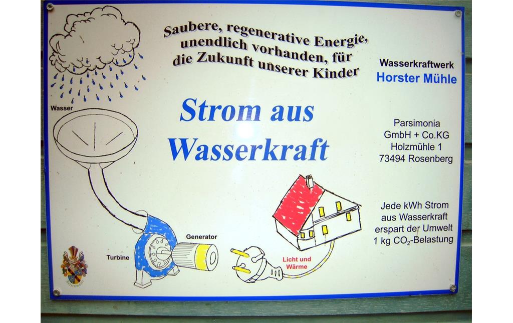 Informationsschild zum Wasserkraftwerk in der Horster Mühle in Essen (2016)