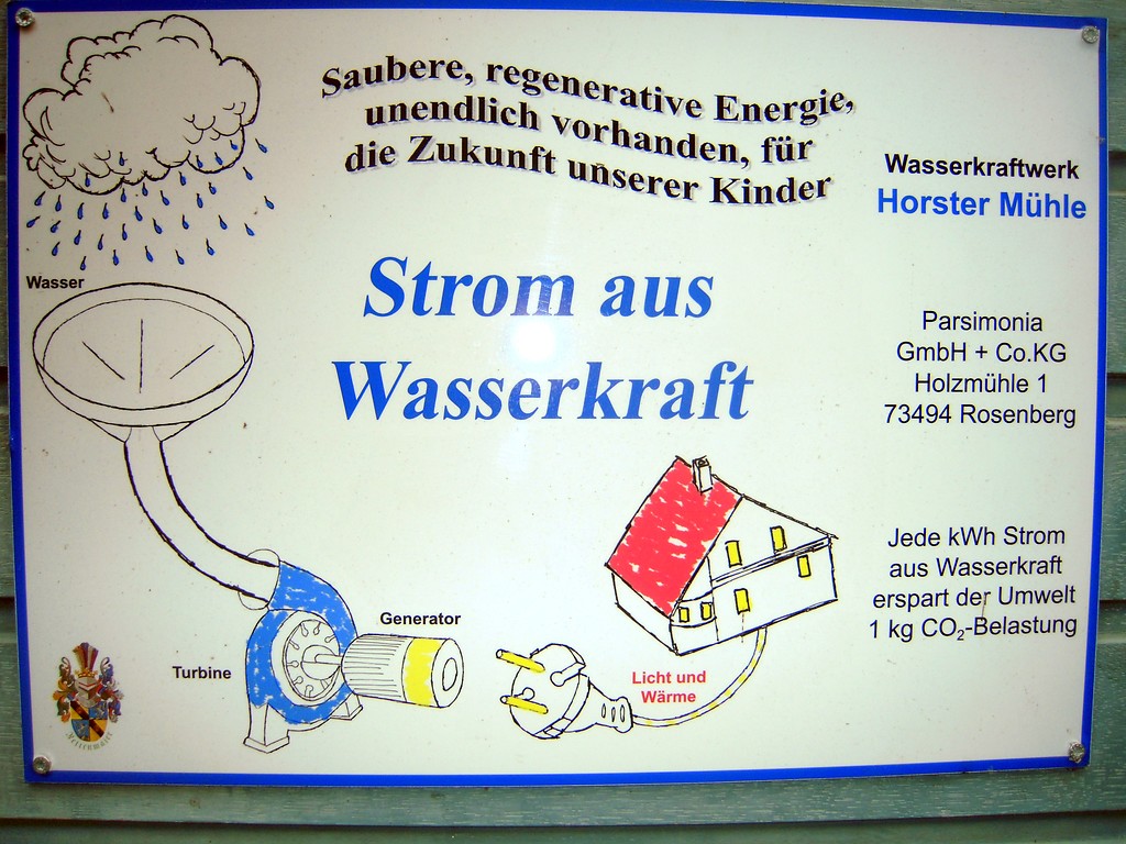Informationsschild zum Wasserkraftwerk in der Horster Mühle in Essen (2016)