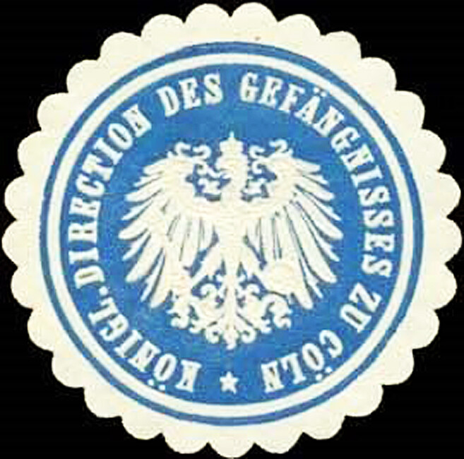 Historisches Siegel mit der Inschrift "Königl. Direction des Gefängnisses zu Cöln" rund um einen preußischen Reichsadler (wohl um 1900).