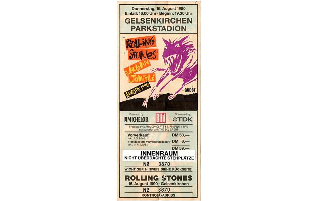 Eintrittskarte zu einem Konzert der 'Rolling Stones' im Gelsenkirchener Parkstadion (1990).