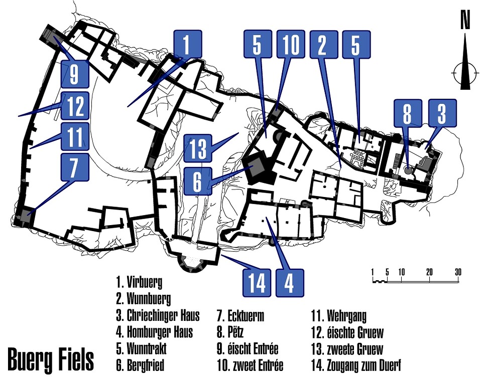 Grundrissplan der Buerg Fiels (Burg Fels, Larochette) in Luxemburg mit Legende in luxemburgischer Sprache (2004).