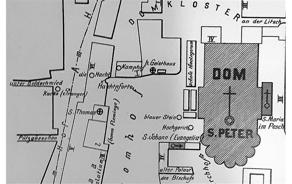 Ausschnitt der Karte des Pfarrbezirks "XIV Hacht" mit dem Dom und einem Teil des Domhofs südlich der Kathedrale (aus: Hermann Keussen, Topographie der Stadt Köln im Mittelalter, 1910, Bd. 2).