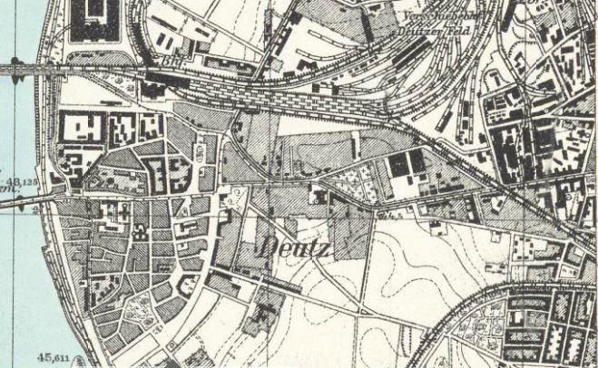 Ausschnitt aus dem Meßtischblatt 5007 der Topographischen Karte 1:25.000 mit dem Kölner Stadtteil Deutz (1927).