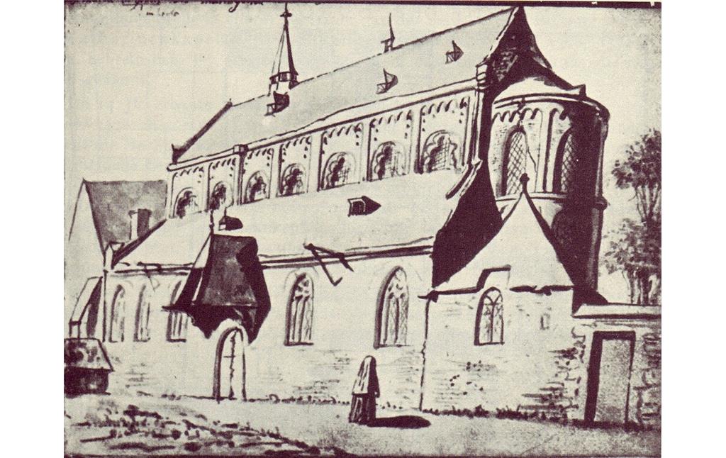 Historische Zeichnung der Klosterkirche Mariengarten / Maria ad Ortum von um 1664/65, Ansicht von Südosten. Aus dem Skizzenbuch des Justus Vinkenboom von 1670.