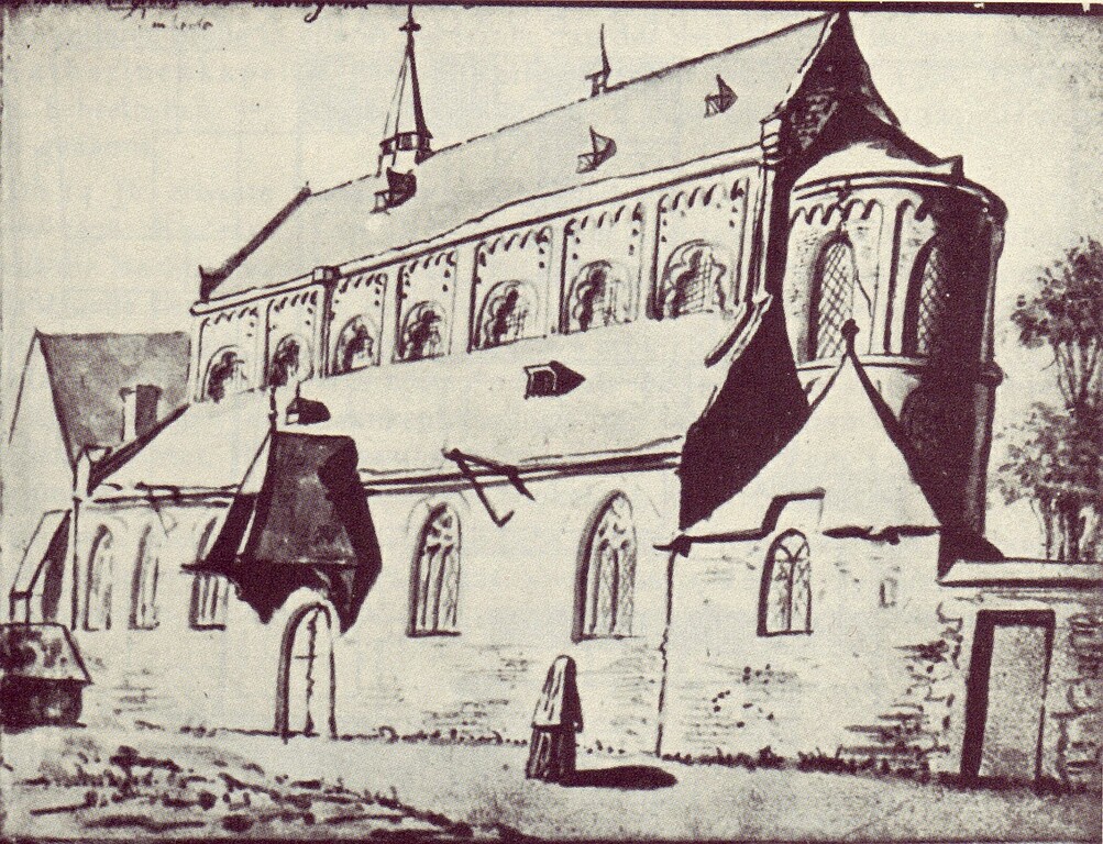 Historische Zeichnung der Klosterkirche Mariengarten / Maria ad Ortum von um 1664/65, Ansicht von Südosten. Aus dem Skizzenbuch des Justus Vinkenboom von 1670.