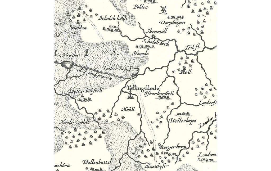 Schanze Tielenbrücke in einer Karte von Danckwerth/Mejer (1652)