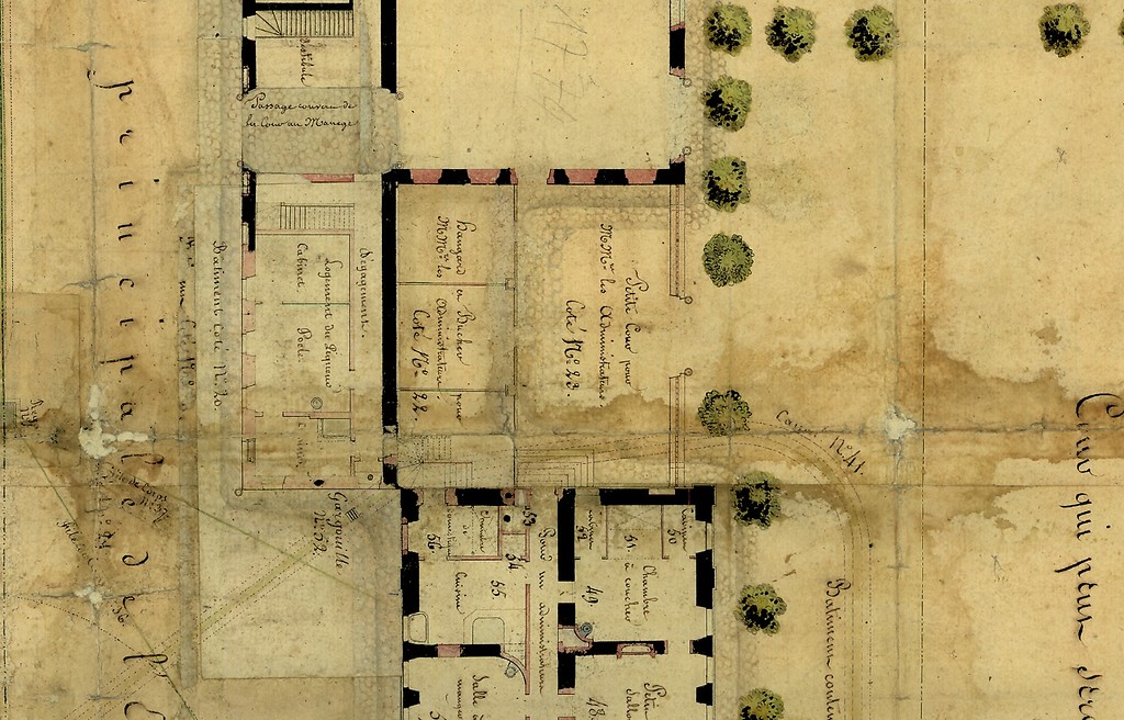 Ausschnitt aus dem Grundriss von 1808, der den kleinen Wirtschaftshof des ehemaligen Schlosses zeigt