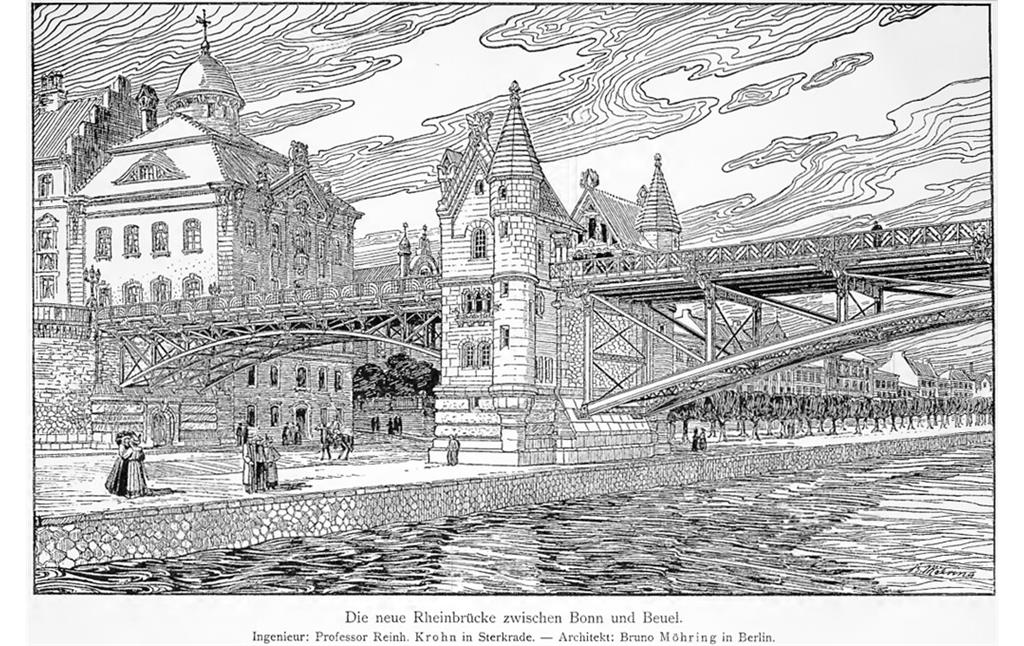 Zeichnung "Die neue Rheinbrücke zwischen Bonn und Beuel" aus der Deutschen Bauzeitung No. 101 (1898) mit der Alten Rheinbrücke am Bonner Ufer, links hinter dem stadtseitigen Brückentor ist die Alte Synagoge zu erkennen.