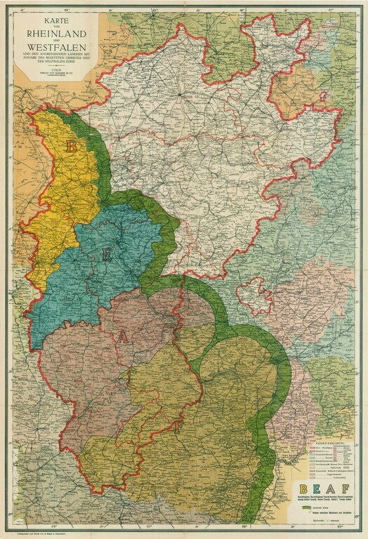 Karte von Rheinland und Westfalen und den angrenzenden Ländern mit Angabe des besetzten Gebietes und der neutralen Zonen (1918)