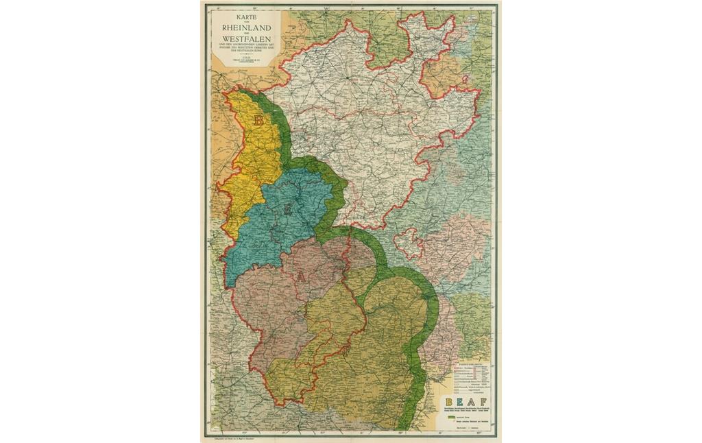 Karte von Rheinland und Westfalen und den angrenzenden Ländern mit Angabe des besetzten Gebietes und der neutralen Zonen (1918)