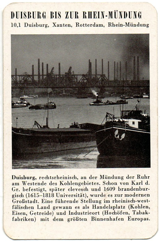 Spielkarte "Duisburg" mit einer Ansicht der Hafenanlagen (aus dem Quartettspiel "Der Rhein", Ravensburger Spiele Nr. 305, Otto Maier Verlag 1952).