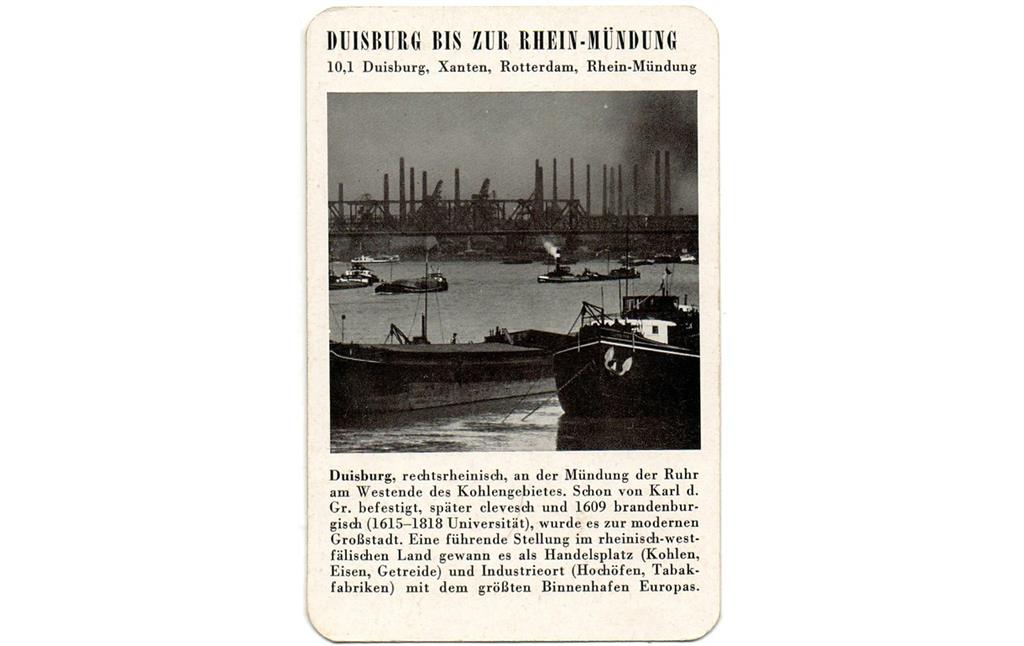 Spielkarte "Duisburg" mit einer Ansicht der Hafenanlagen (aus dem Quartettspiel "Der Rhein", Ravensburger Spiele Nr. 305, Otto Maier Verlag 1952).