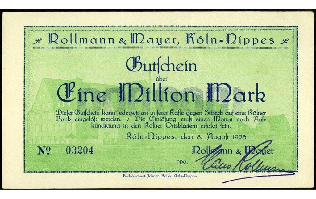 Ein "Gutschein über Eine Million Mark" der Firma Rollmann & Mayer in Köln-Nippes aus der deutschen Inflationszeit, zum 8. August 1923 gezeichnet vom Inhaber des Schuhgroßhandels mit Schuhfabrik Hans Rollmann (1877-1940).