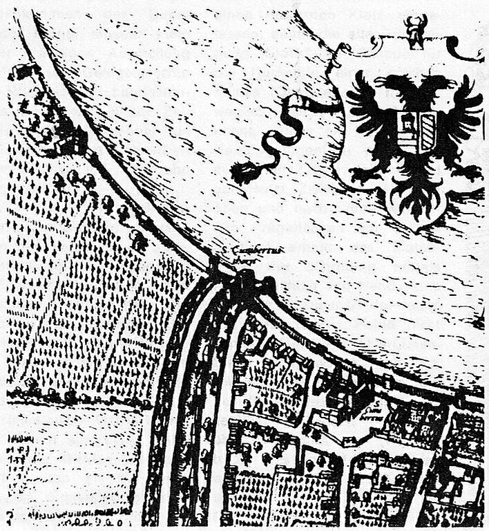 Teil der Ansicht von Köln aus dem Buch "Civitates Orbis Terrarum" von Frans Hogenberg (1535-1590) und Georg Braun (1541-1622) von 1572. Im Bild sind das Kunibertstift (unten rechts) und in der Bildmitte das Kunibertstürmchen ("S. Cunibertus thorne") zu sehen, links oben sind möglicherweise Reste der dort vermuteten einstigen Burg zu Riehl eingezeichnet.