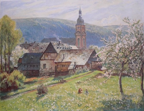 Gemälde "Maientag an der alten Abtei Springiersbach" des deutschen Landschaftsmalers Fritz von Wille (1860-1941).