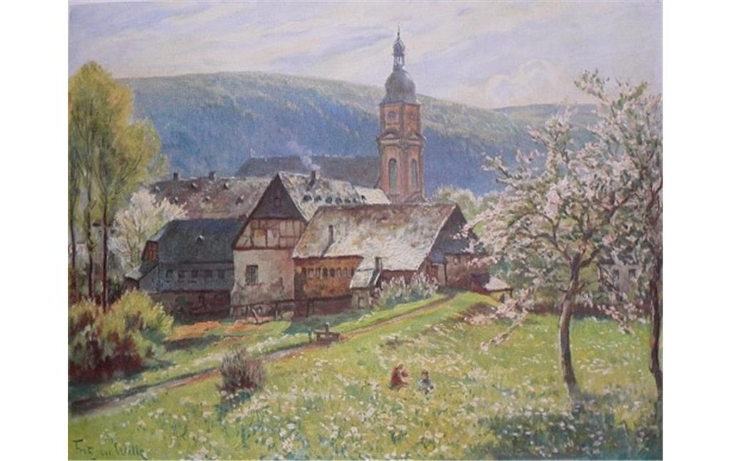 Gemälde "Maientag an der alten Abtei Springiersbach" des deutschen Landschaftsmalers Fritz von Wille (1860-1941).