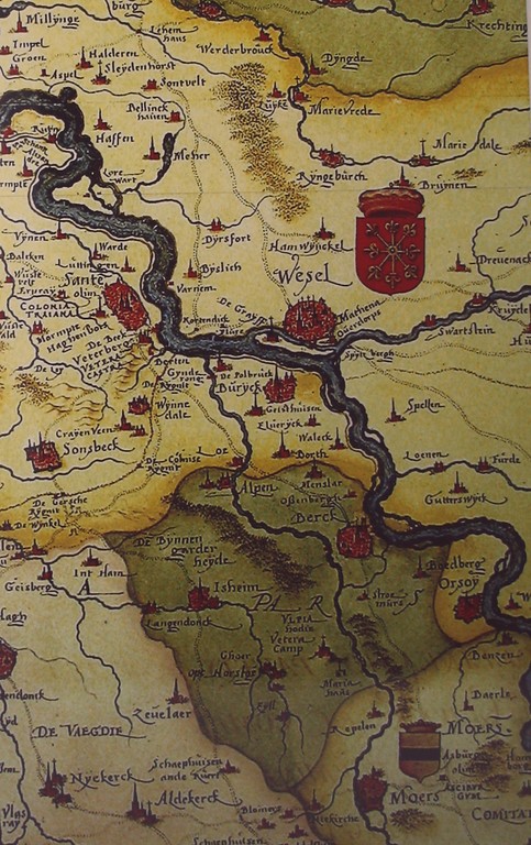 Historische Karte von Christian s'Grootens (um 1525-1603), die Sonsbeck, Xanten und Wesel zeigt.